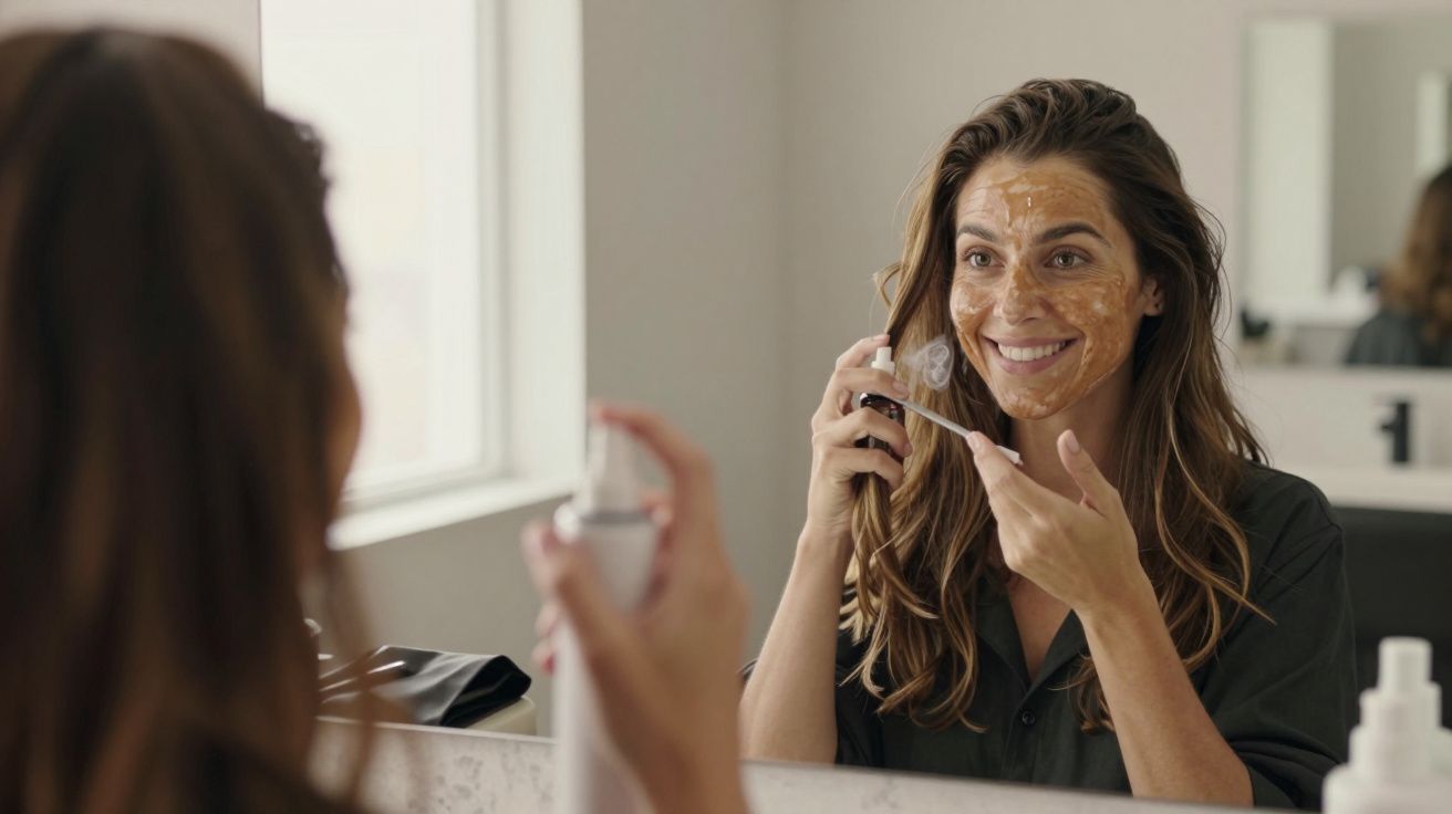 Mulher sorridente com máscara facial, aplicando spray no rosto em frente ao espelho.