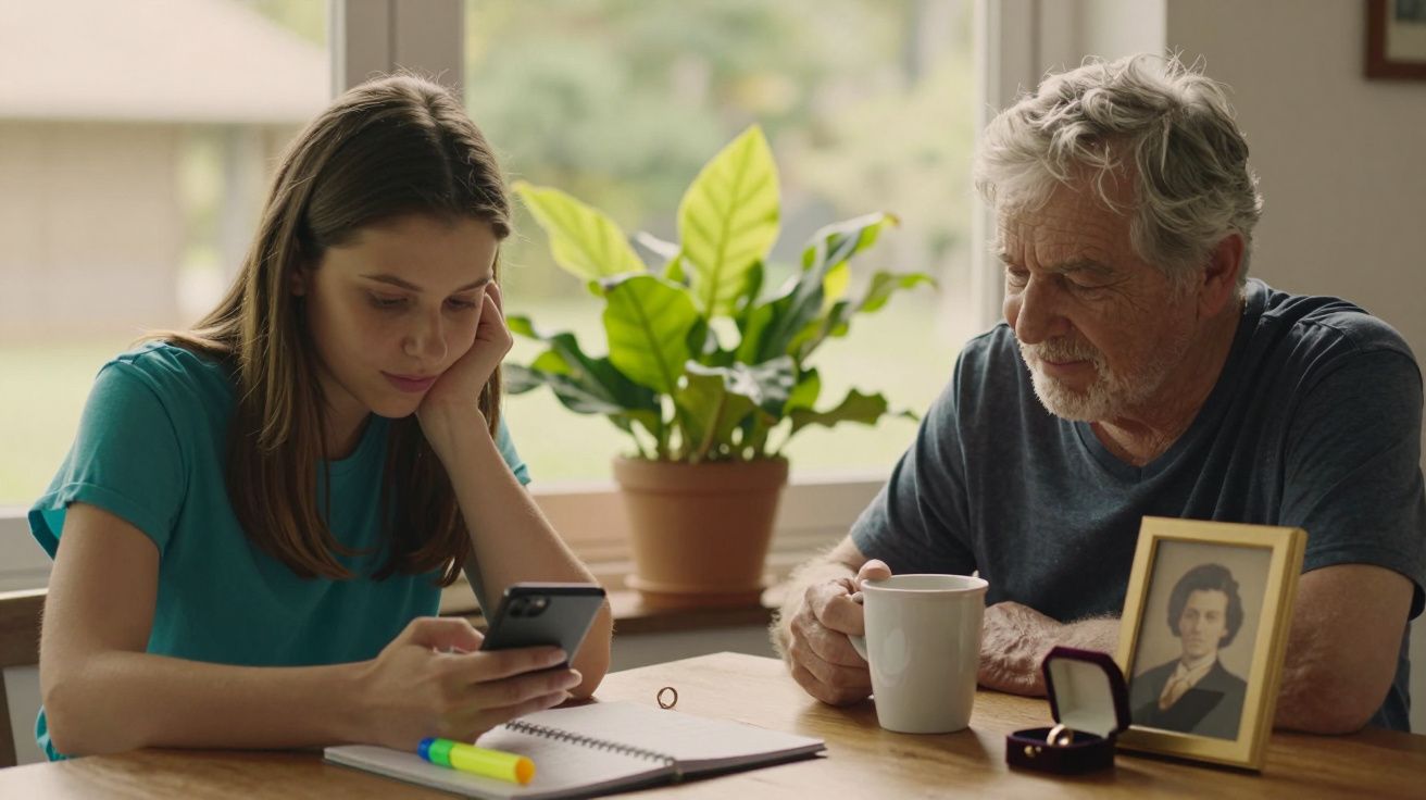 Jovem e idoso sentados à mesa, a jovem usa o telemóvel, o idoso segura uma chávena; planta e foto ao fundo.