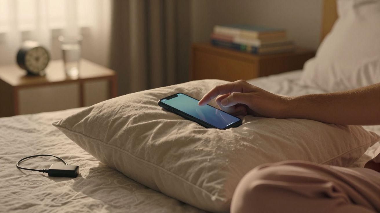 Pessoa a usar smartphone na cama, com carregador ao lado, quarto iluminado por luz suave.