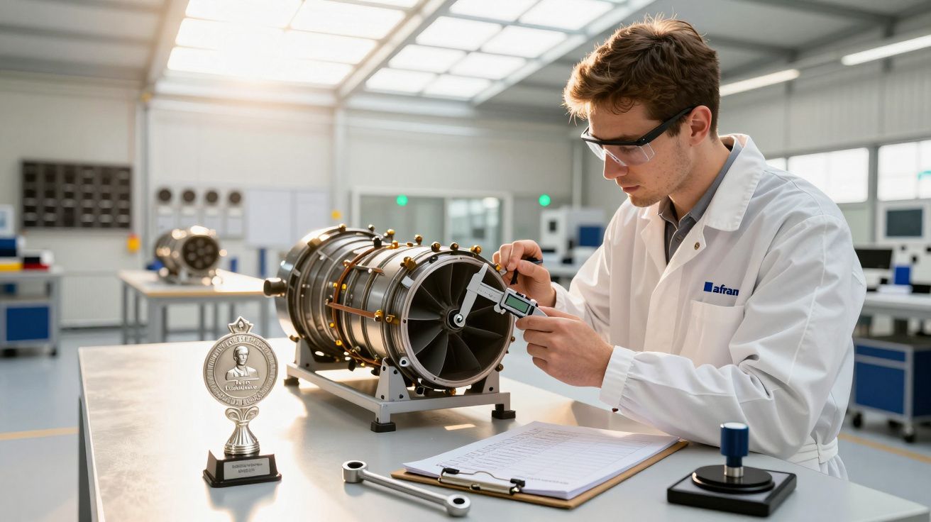 Técnico verifica componente de motor a jato numa bancada de laboratório, usando um paquímetro sob luz natural.