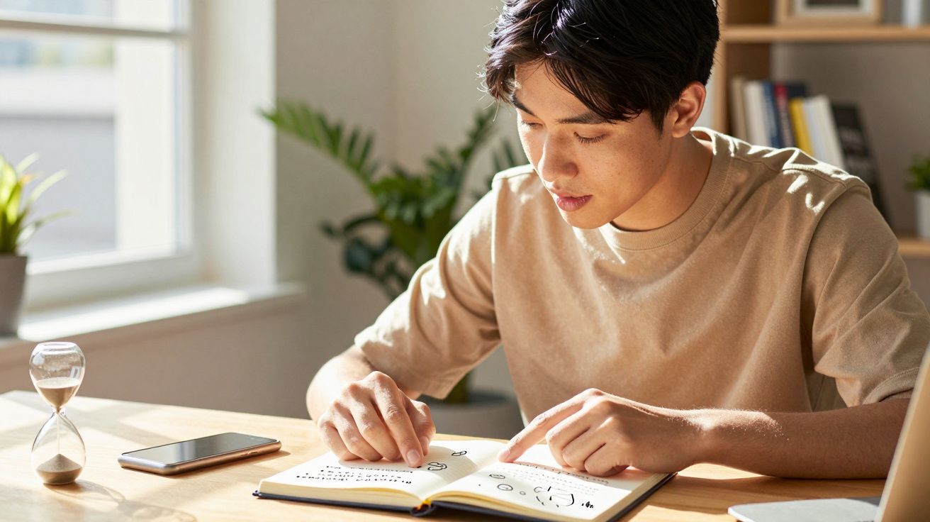 Pessoa a estudar um livro com símbolos em casa, junto a uma janela. Um telemóvel e uma ampulheta estão na mesa.