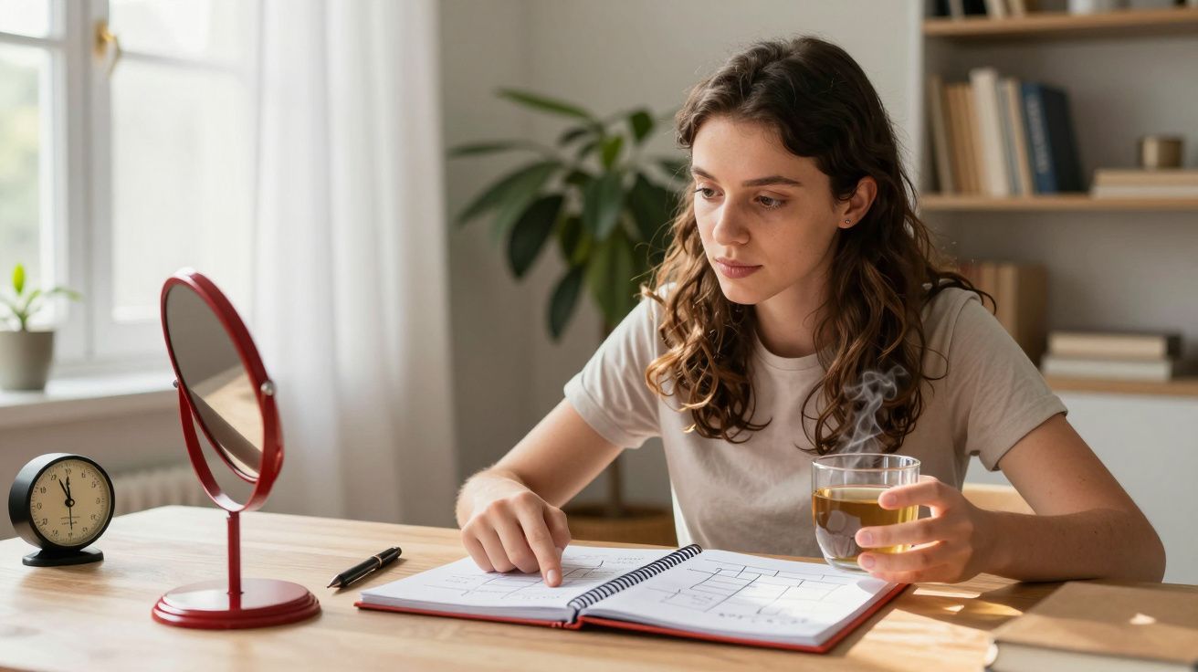 Mulher jovem estuda em casa, sentada à mesa com chá na mão, olhando para um caderno aberto e um espelho pequeno.