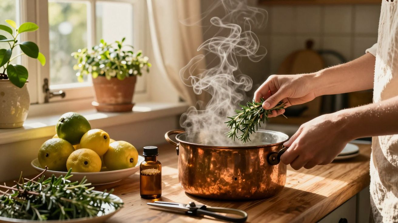 Pessoa adiciona raminho de alecrim a panela de cobre fumegante em cozinha iluminada, rodeada de limões e plantas.