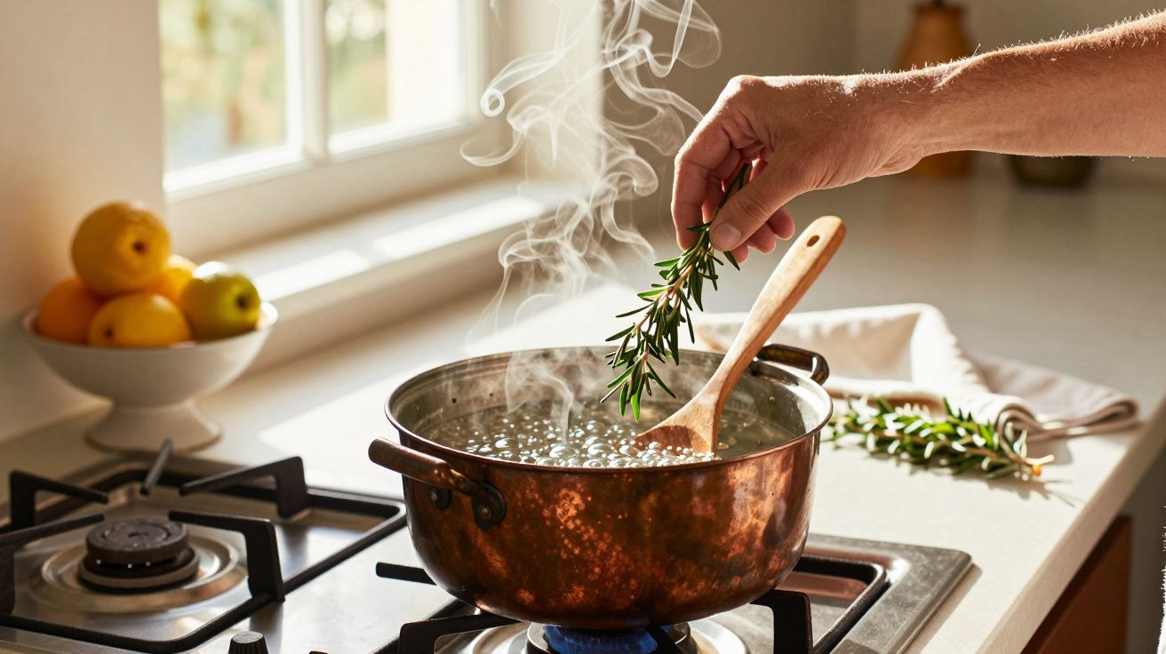 Mão adicionando alecrim a uma panela de cobre com água a ferver num fogão a gás, com limões ao fundo.