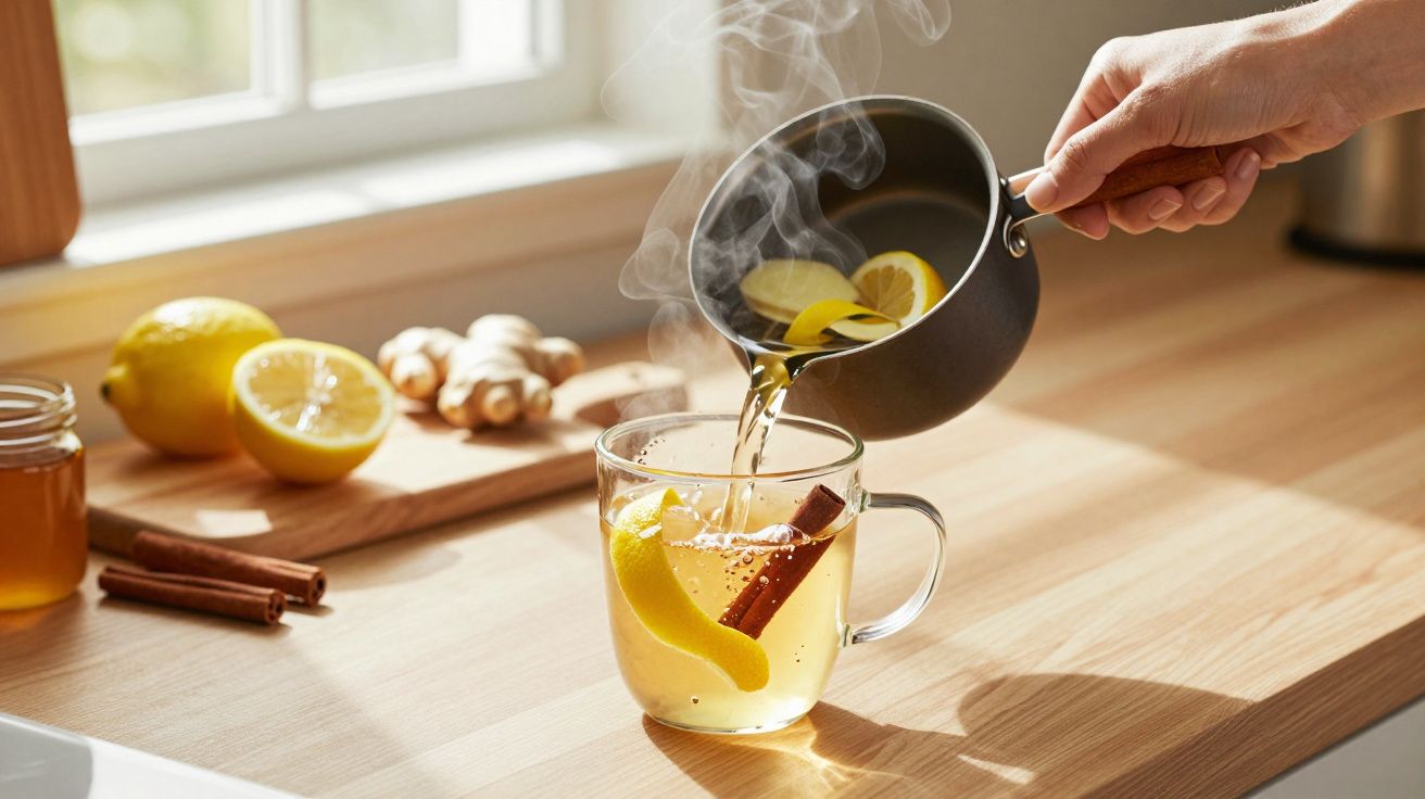 Mão serve chá fumegante com limão e canela numa chávena. Ao fundo, limões, gengibre e pau de canela numa tábua.