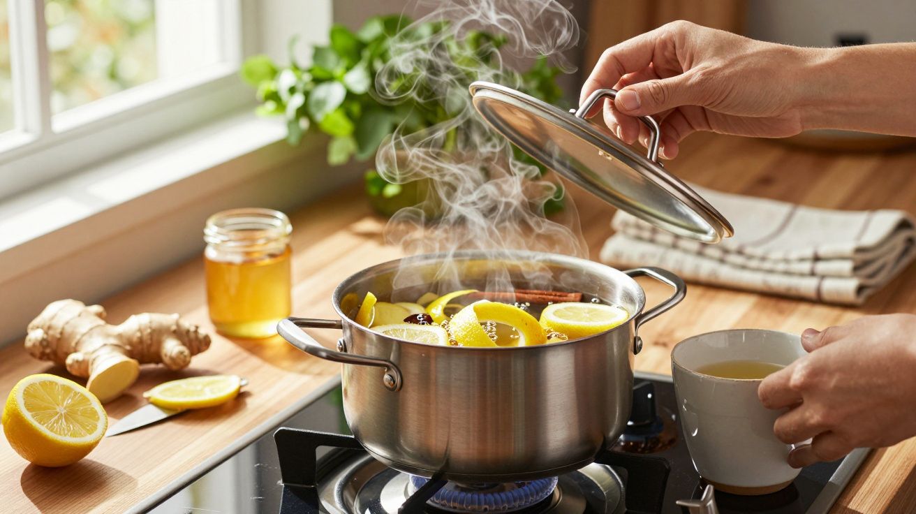 Mãos levantando tampa de panela a vapor no fogão com limões e especiarias. Chá, gengibre e mel ao lado.