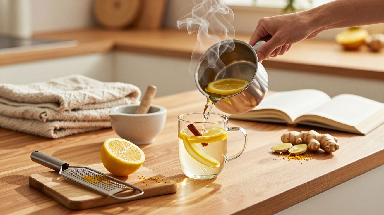 Mão a verter água quente com limão em copo. Bancada com gengibre, canela, fatiador e limão cortado ao meio.