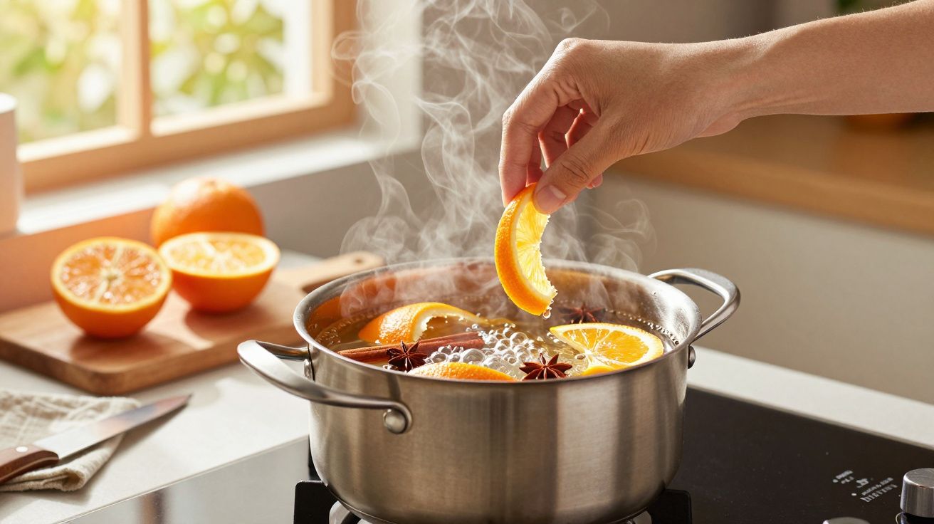 Mão adiciona fatia de laranja a panela fumegante com especiarias, sobre fogão em cozinha iluminada.