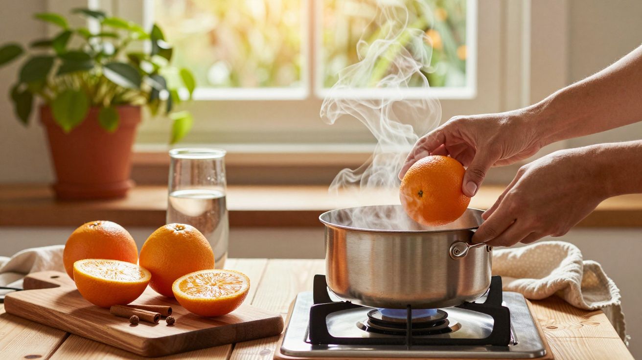 Mãos colocando uma laranja numa panela a ferver em fogão, com laranjas e cravos ao lado, perto de uma janela.
