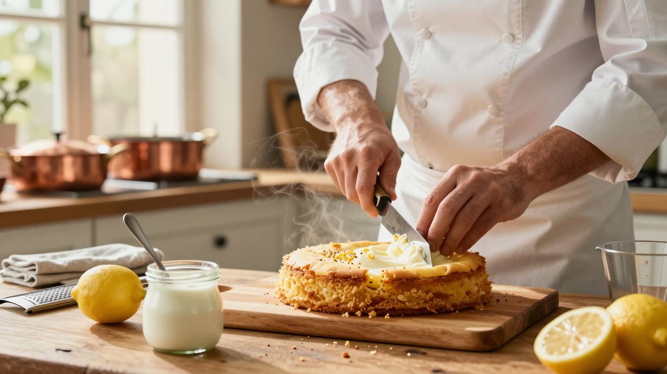 Chef a decorar bolo de limão com chantilly numa cozinha iluminada, com limões e iogurte ao lado.