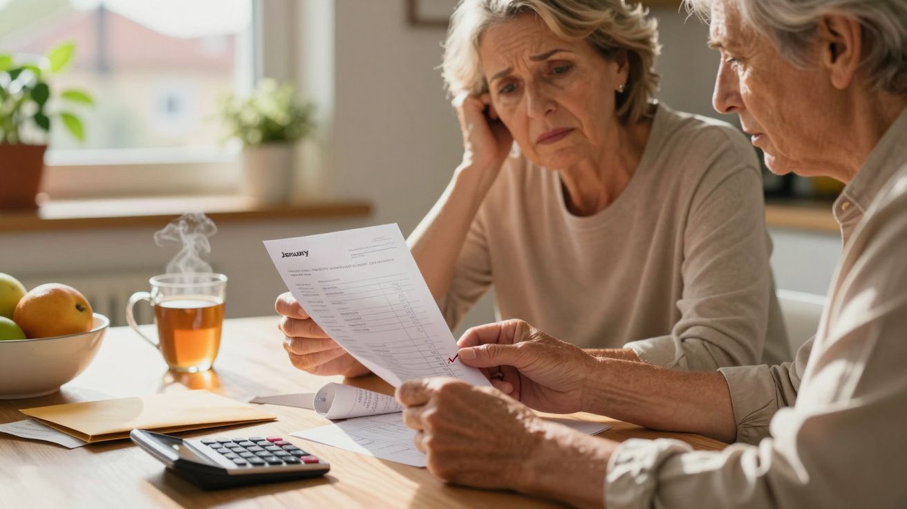 Casal idoso analisa contas na mesa; preocupados. Há uma chávena de chá, frutas e uma calculadora ao lado.