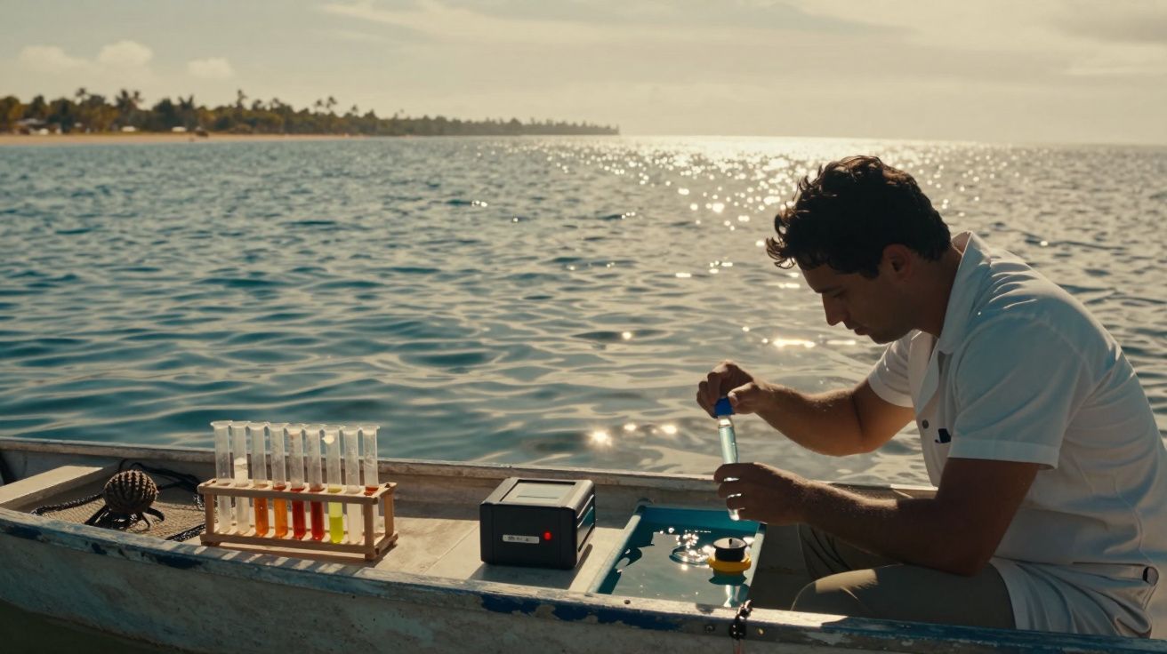 Homem analisa tubos de ensaio num barco sobre o mar, com um fundo de praia distante e céu claro.