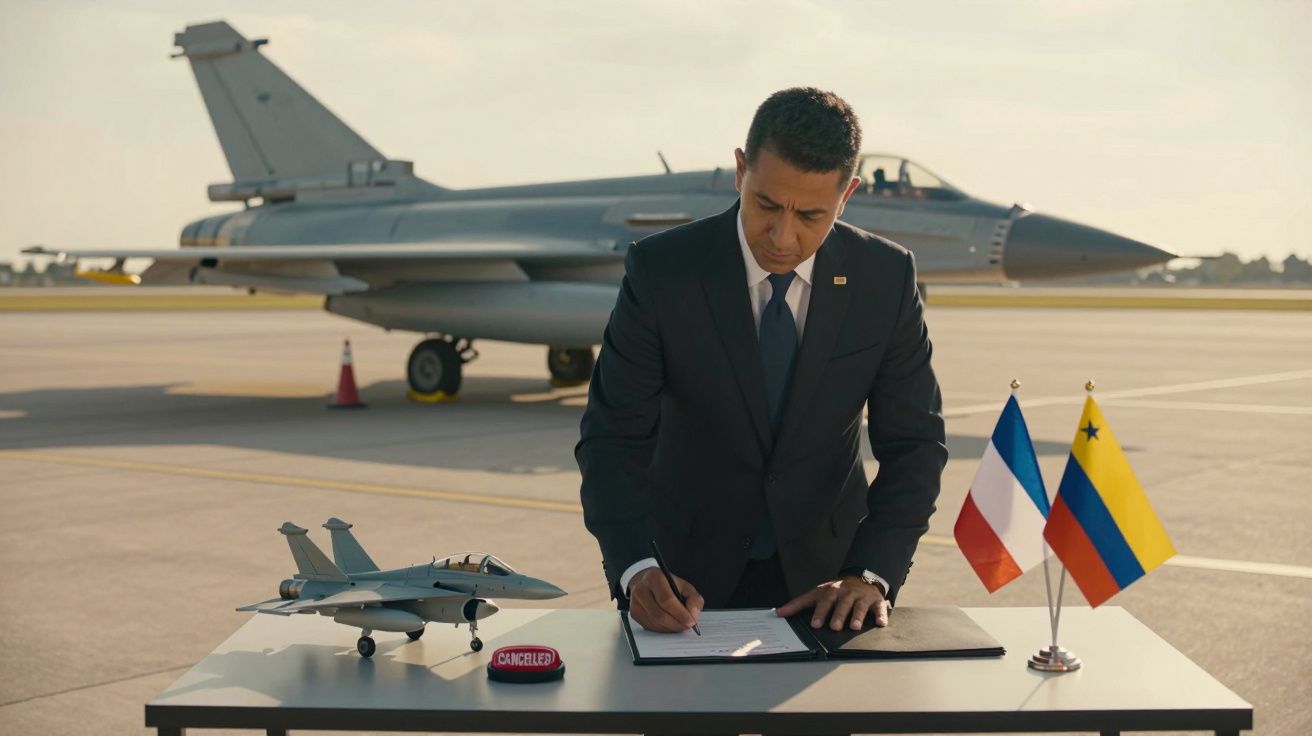Homem de fato assina documento em mesa com avião de caça em miniatura, bandeiras francesa e colombiana e jato ao fundo.