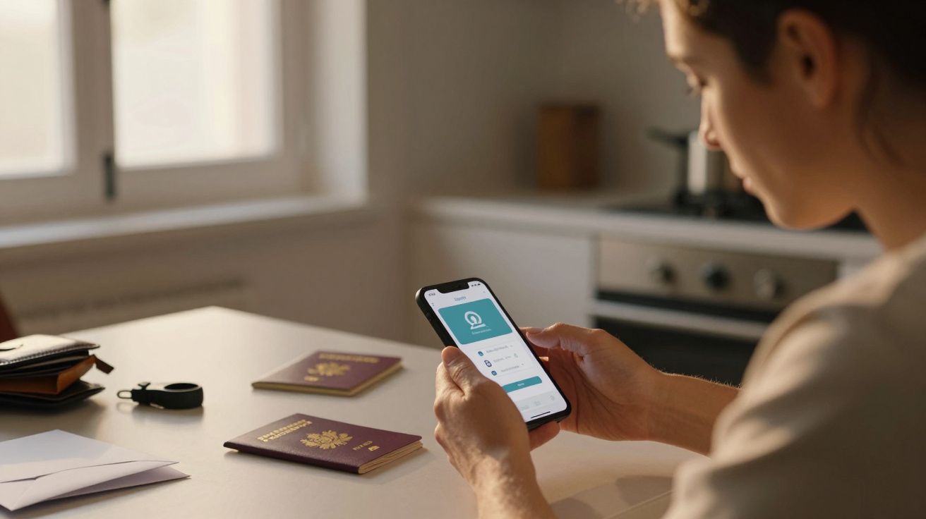 Pessoa sentada à mesa com smartphone na mão, dois passaportes e carteira ao lado.