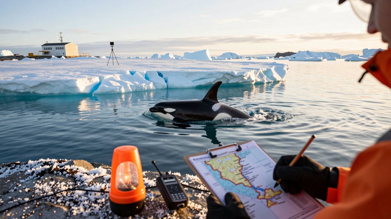 Pessoa anota observações sobre uma orca nadando em águas geladas, com icebergs e equipamentos de pesquisa ao fundo.