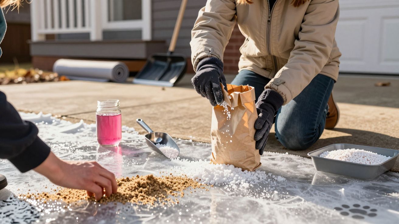 Duas pessoas de joelhos em calçada, uma segura saco de granulado, a outra mexe areia. Pote com líquido rosa ao lado.