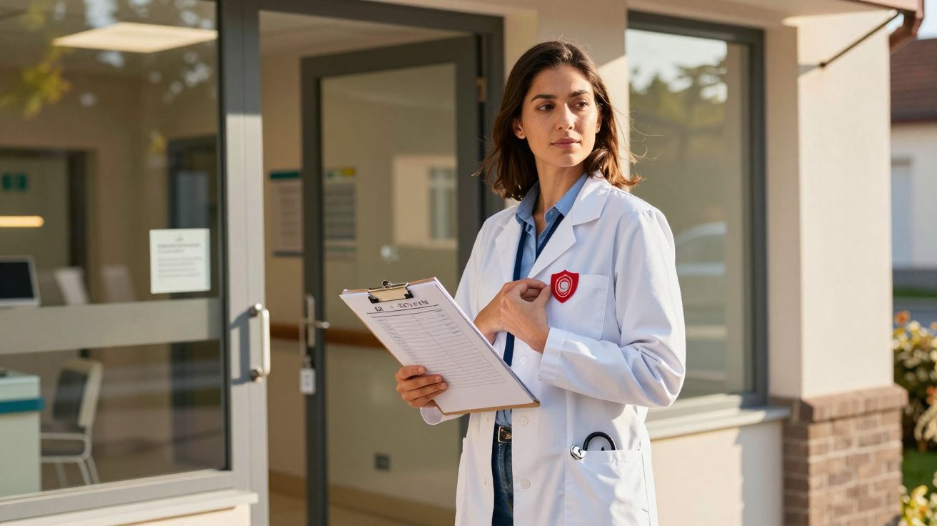 Mulher médica de bata branca segurando uma prancheta, em frente à entrada de um edifício de saúde.