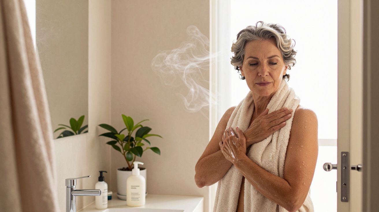 Mulher com toalha no ombro, após banho quente, em casa de banho moderna com plantas ao fundo.