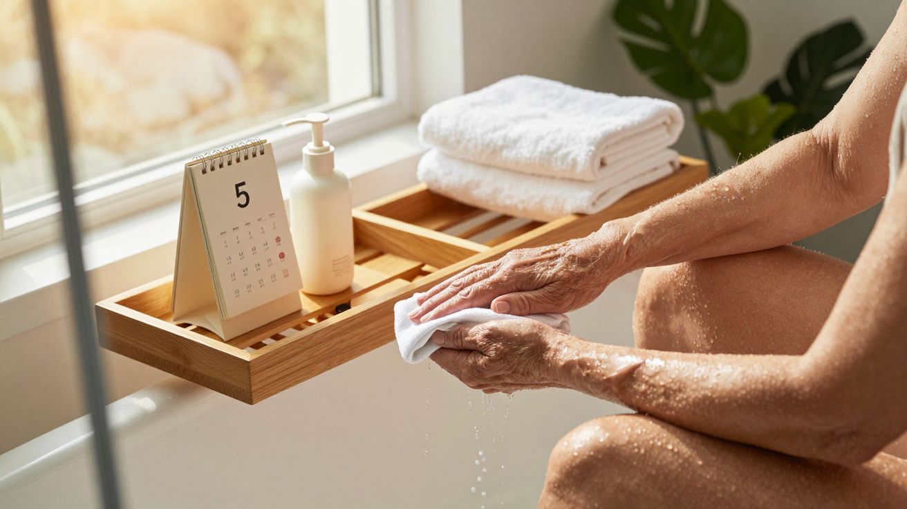 Pessoa na banheira, lavando as mãos. Ao lado, calendário, sabonete e toalhas.