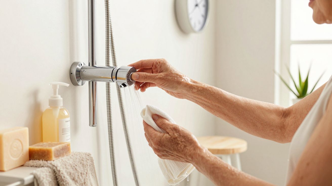 Pessoa ajusta a torneira do chuveiro, segurando um pano branco. produtos de higiene e sabonetes ao lado.