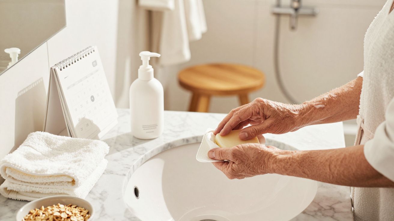 Mãos idosas seguram sabonete sobre lavatório de mármore com toalhas, saboneteira e calendário ao lado.