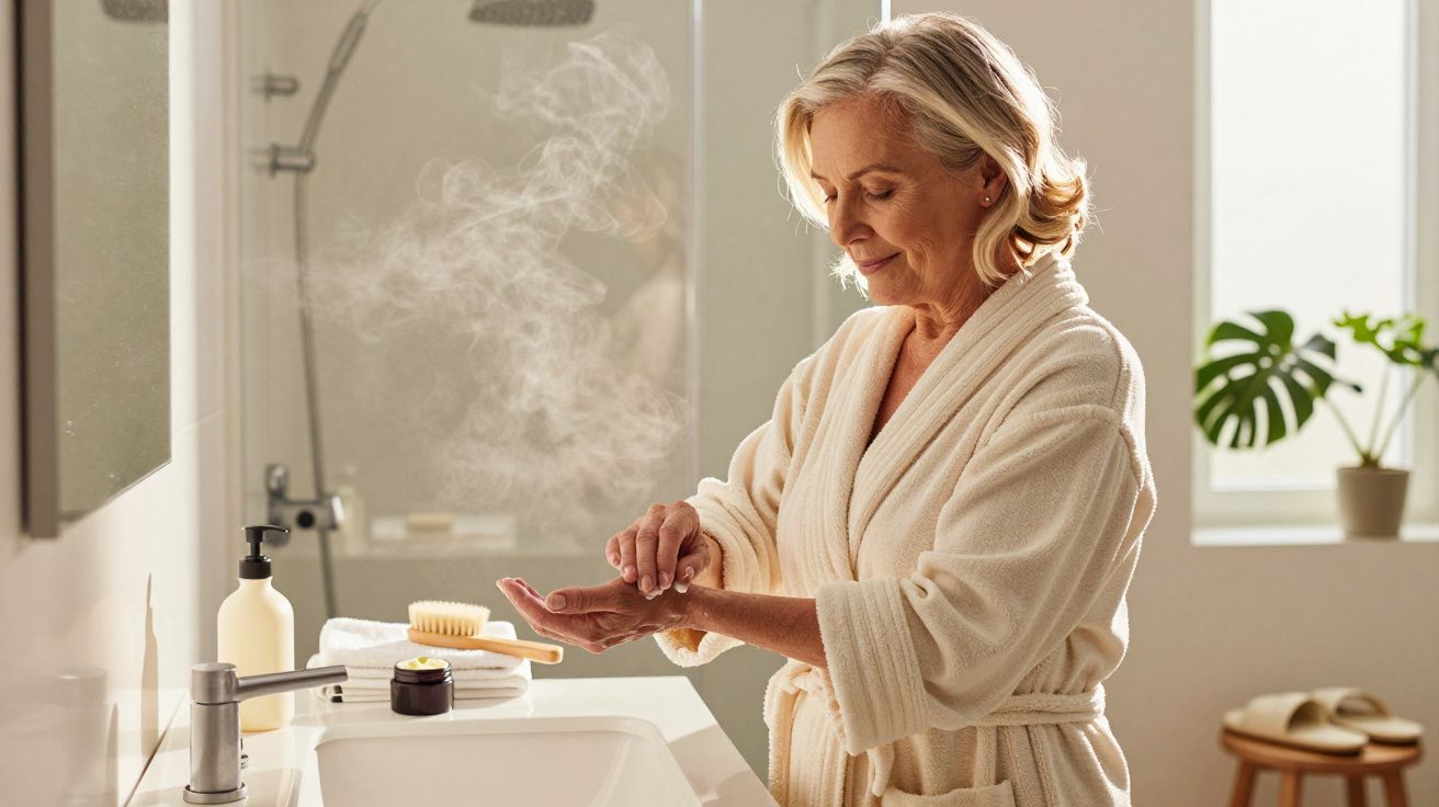 Mulher de roupão aplica creme nas mãos em casa de banho, com vapor no ar e plantas ao fundo.