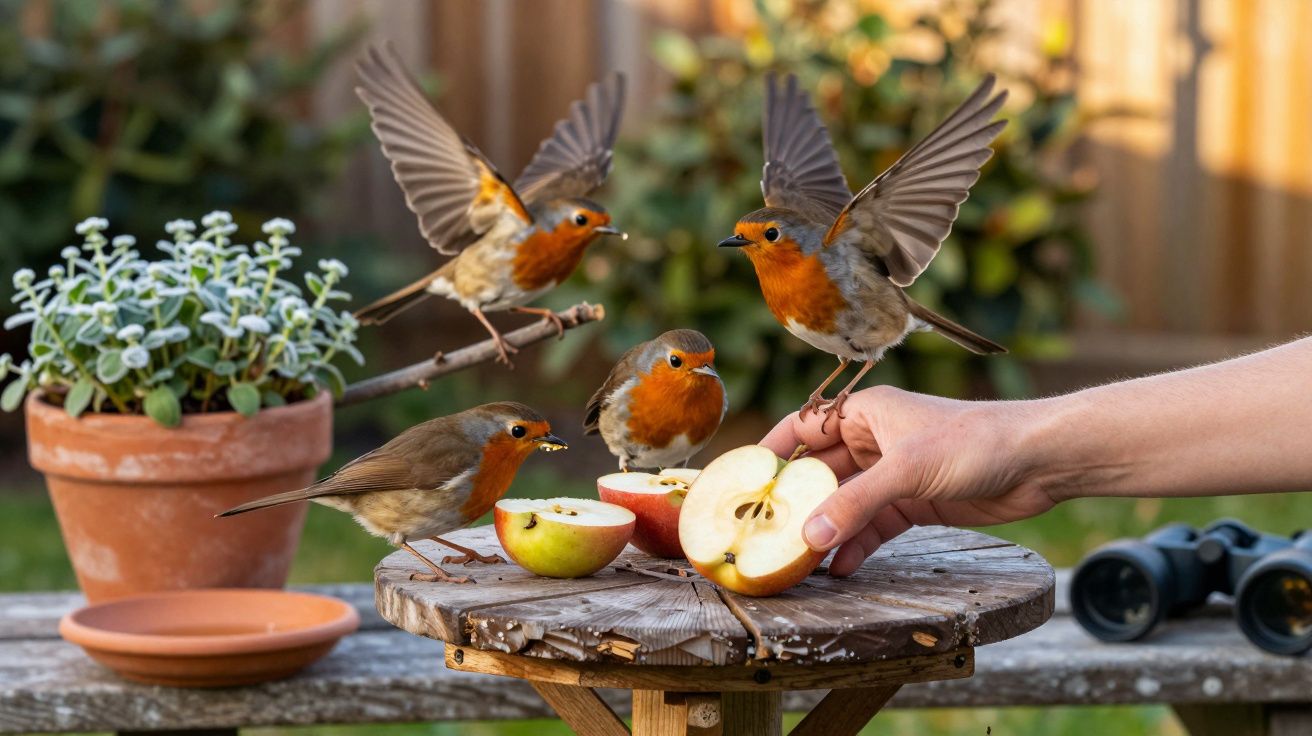 A pessoa alimenta quatro pássaros robins com maçãs numa mesa de madeira num jardim.