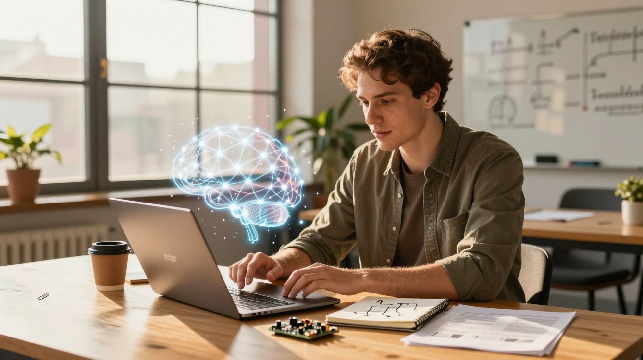 Homem trabalhando no portátil com holograma de cérebro, em escritório iluminado por janela.