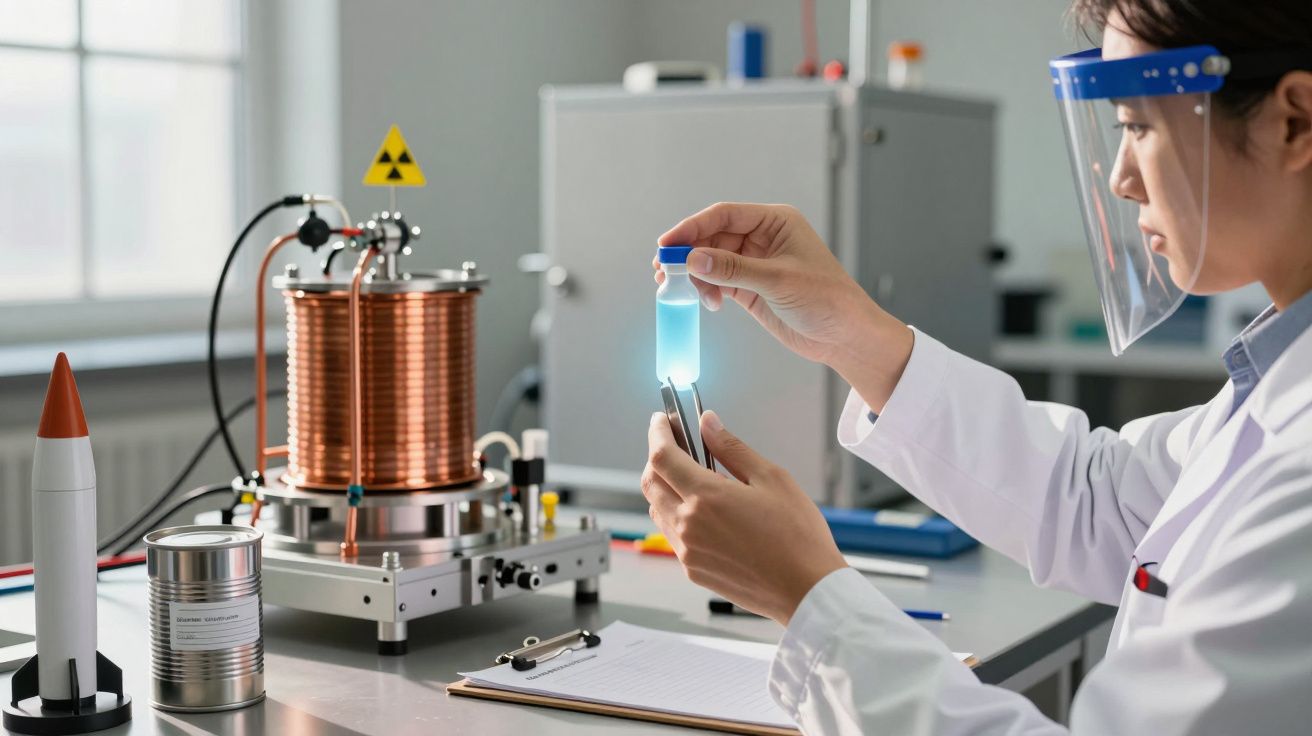 Cientista num laboratório com equipamento técnico, observando um recipiente com líquido brilhante sob luz azul.
