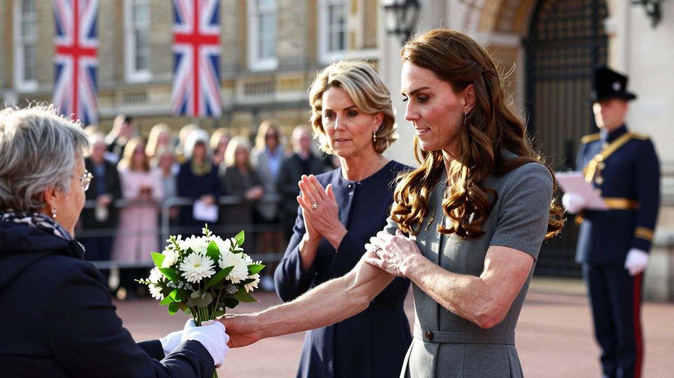Mulher a receber flores de senhora idosa; bandeiras britânicas ao fundo; público e segurança presentes.