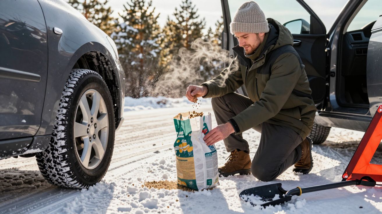Homem ajoelhado na neve, a colocar areias na estrada ao lado de um carro, enquanto segura um saco aberto.