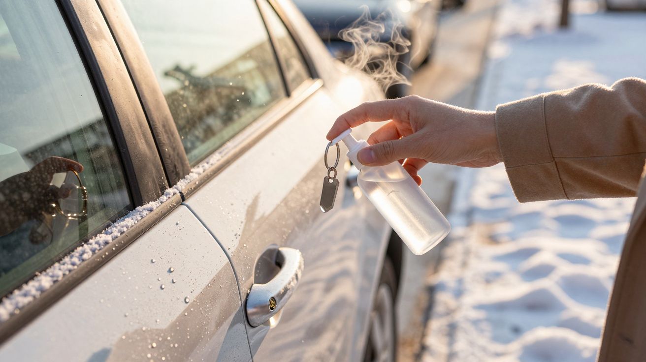Mão pulveriza líquido no trinco do carro em dia frio com neve.