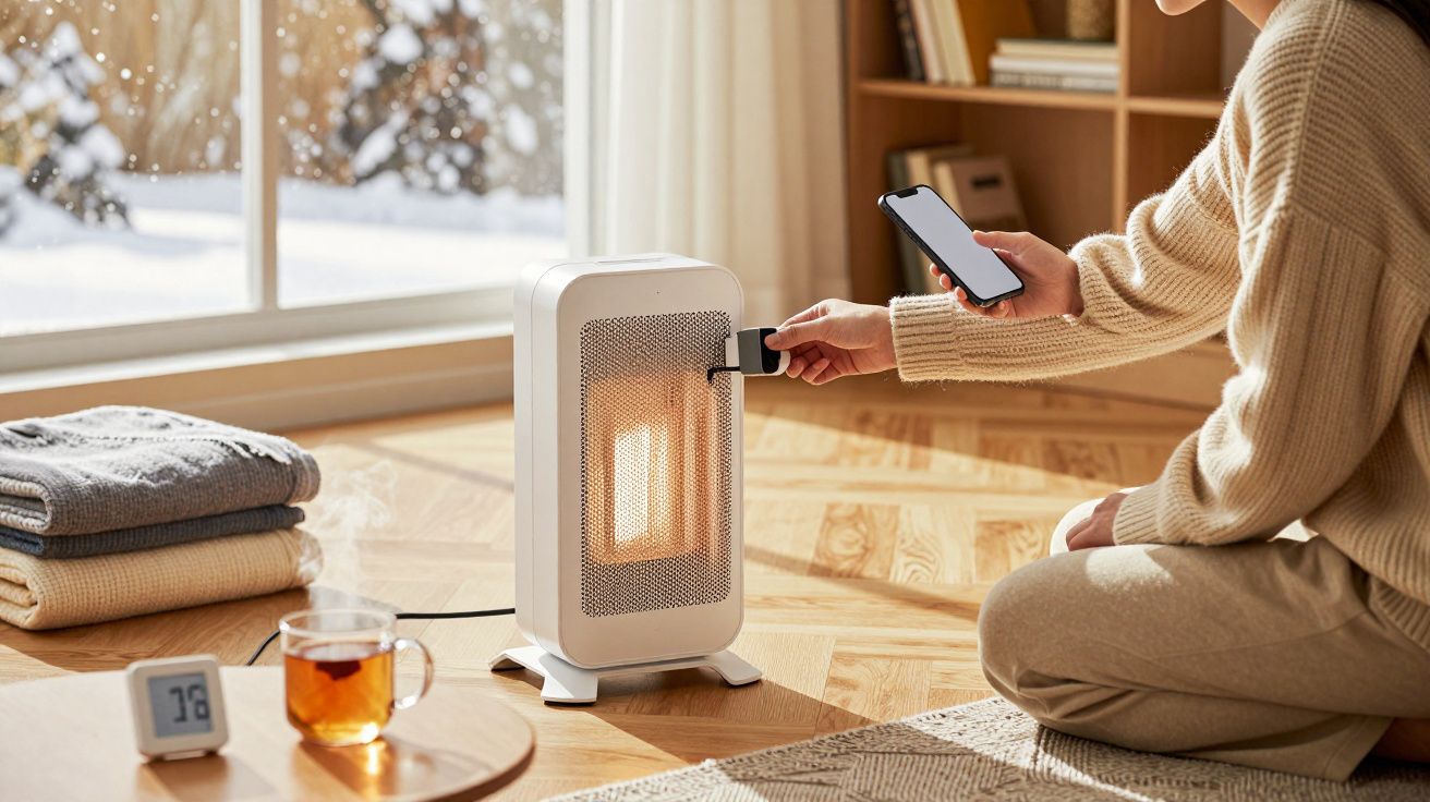 Pessoa ajusta aquecedor portátil com smartphone numa sala aconchegante. Exterior coberto de neve.