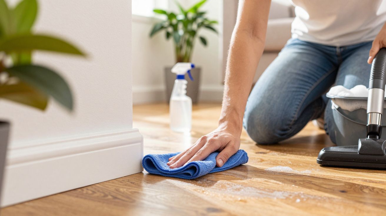 Pessoa a limpar chão de madeira com pano azul e aspirador, frasco spray ao fundo.