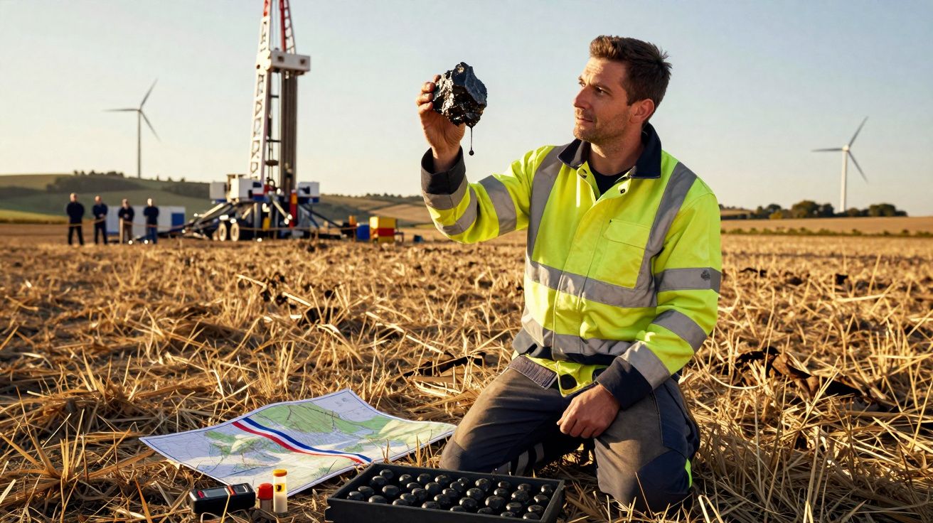 Homem analisa amostra de solo num campo, com mapa, tabuleiro de amostras eólicas ao fundo.