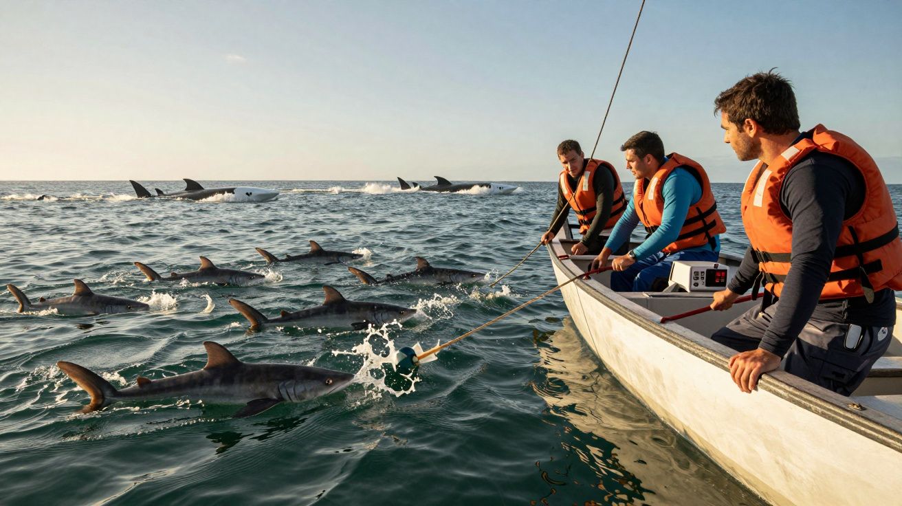 Três homens num barco pequeno observam tubarões nadar ao redor, todos usam coletes salva-vidas laranja.