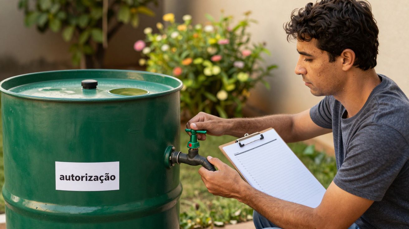 Homem observa torneira de barril verde com rótulo "autorização" e segura prancheta, em jardim com flores ao fundo.