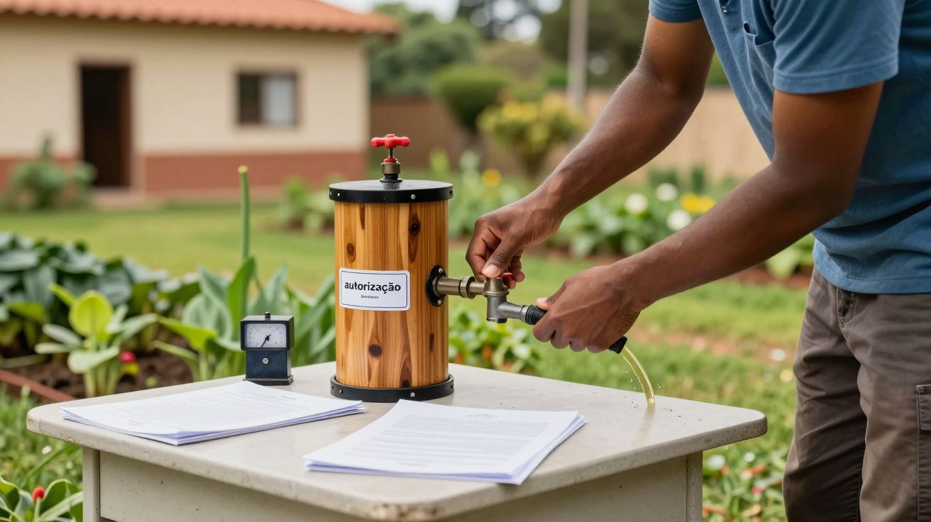 Homem ajusta válvula de dispositivo cilíndrico em mesa com documentos. Plano de fundo com jardim e casa.