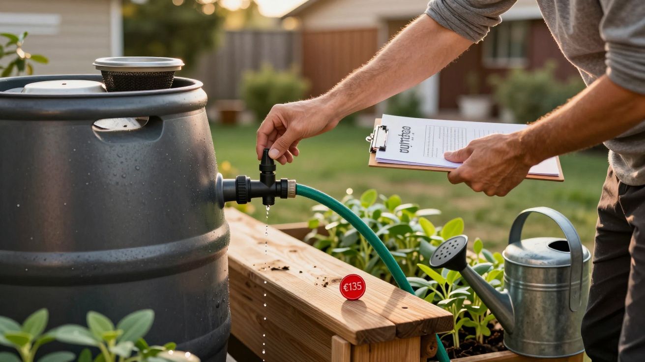 Pessoa ajusta torneira de barril de água da chuva no jardim, segurando prancheta com plantas e regador ao lado.