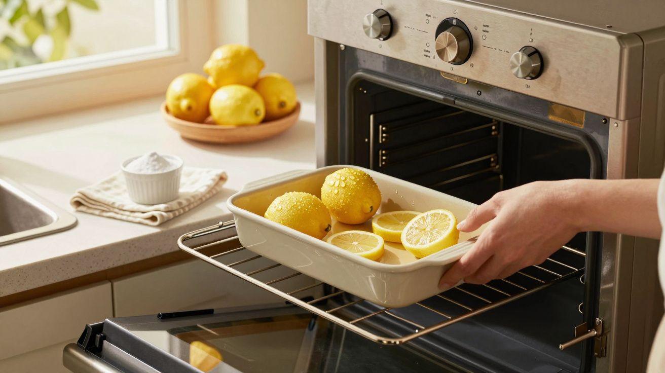Pessoa coloca travessa com limões no forno em cozinha ensolarada.