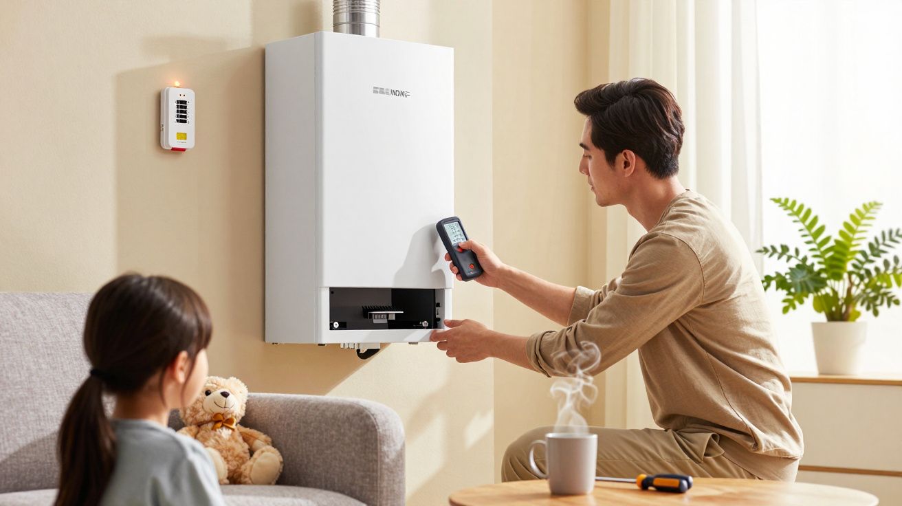 Homem ajusta aquecedor de parede com controlo remoto, enquanto criança com boneco observa num sofá.