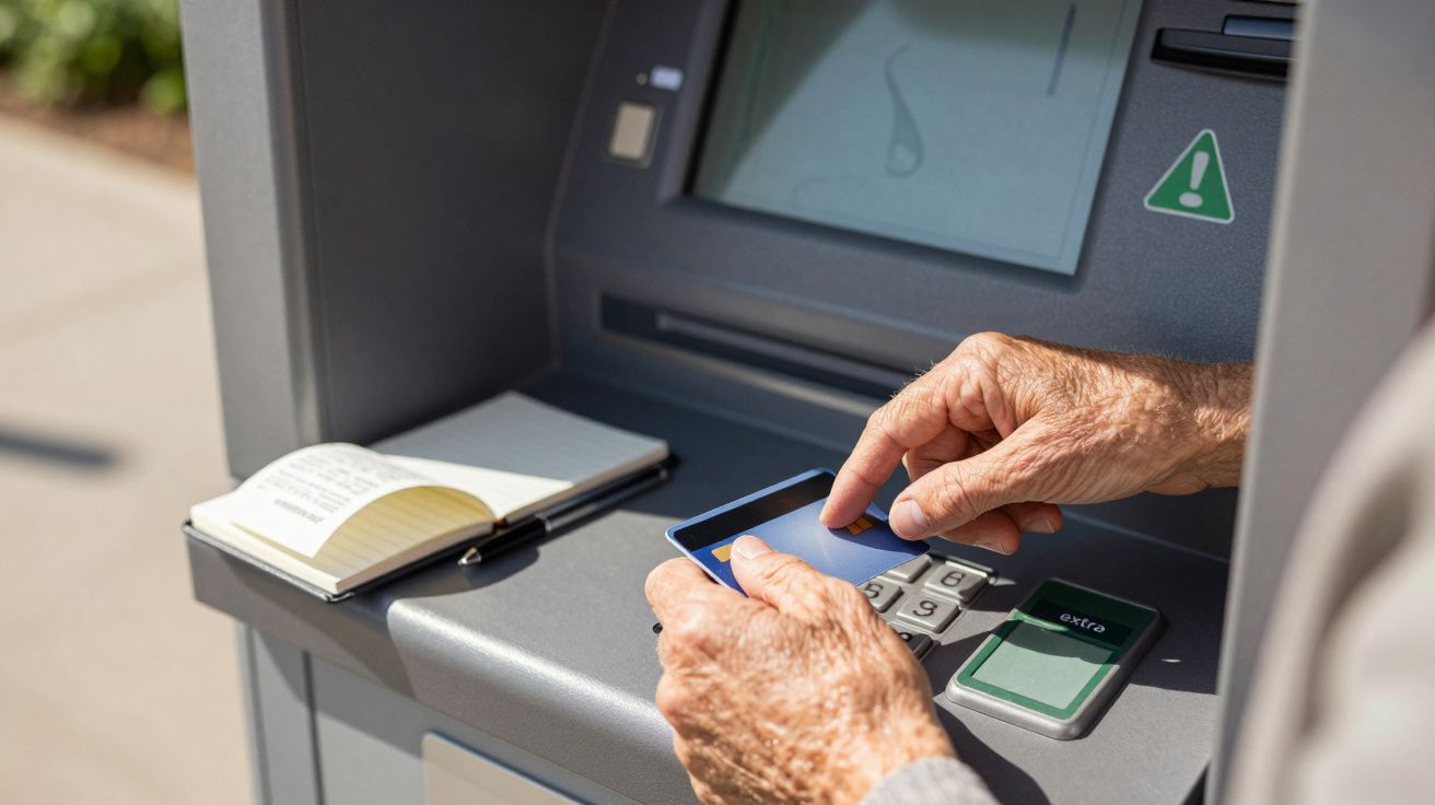 Mãos de uma pessoa idosa a inserir cartão no multibanco, com caderno aberto próximo.