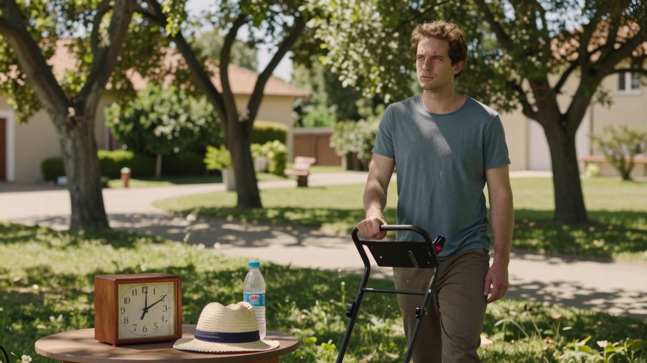 Homem empurra andador num jardim, ao lado de uma mesa com um chapéu, uma garrafa de água e um relógio.