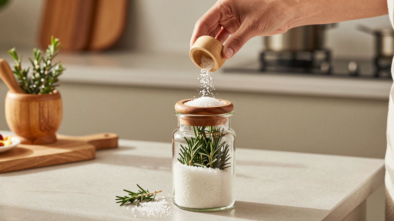 Mão despeja sal de uma colher sobre um frasco com alecrim na cozinha.