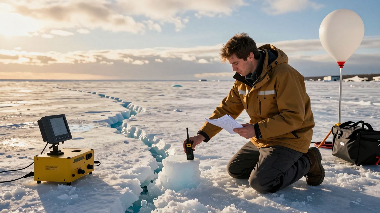 Investigador com casaco castanho recolhe dados no gelo, segurando um rádio, com equipamento científico e balão branco ao lado