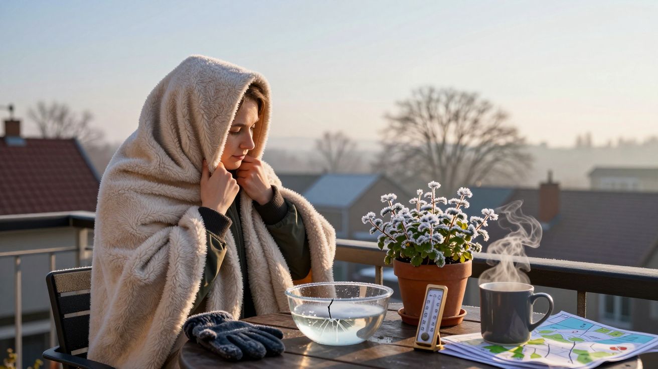 Mulher embrulhada em manta no terraço, ao lado de chá quente, planta, termómetro e tigela de água. Dia frio e ensolarado.