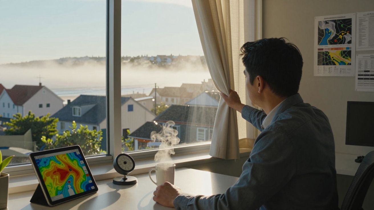 Homem olha pela janela, com chávena fumegante e tablet com mapa meteorológico na secretária.