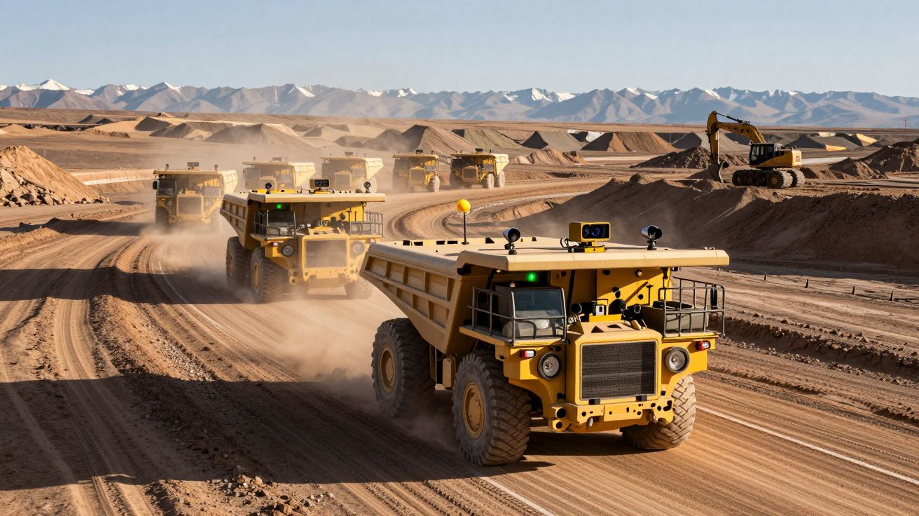 Camiões de carga grandes a circular numa mina a céu aberto, com montanhas ao fundo e escavadores a trabalhar.