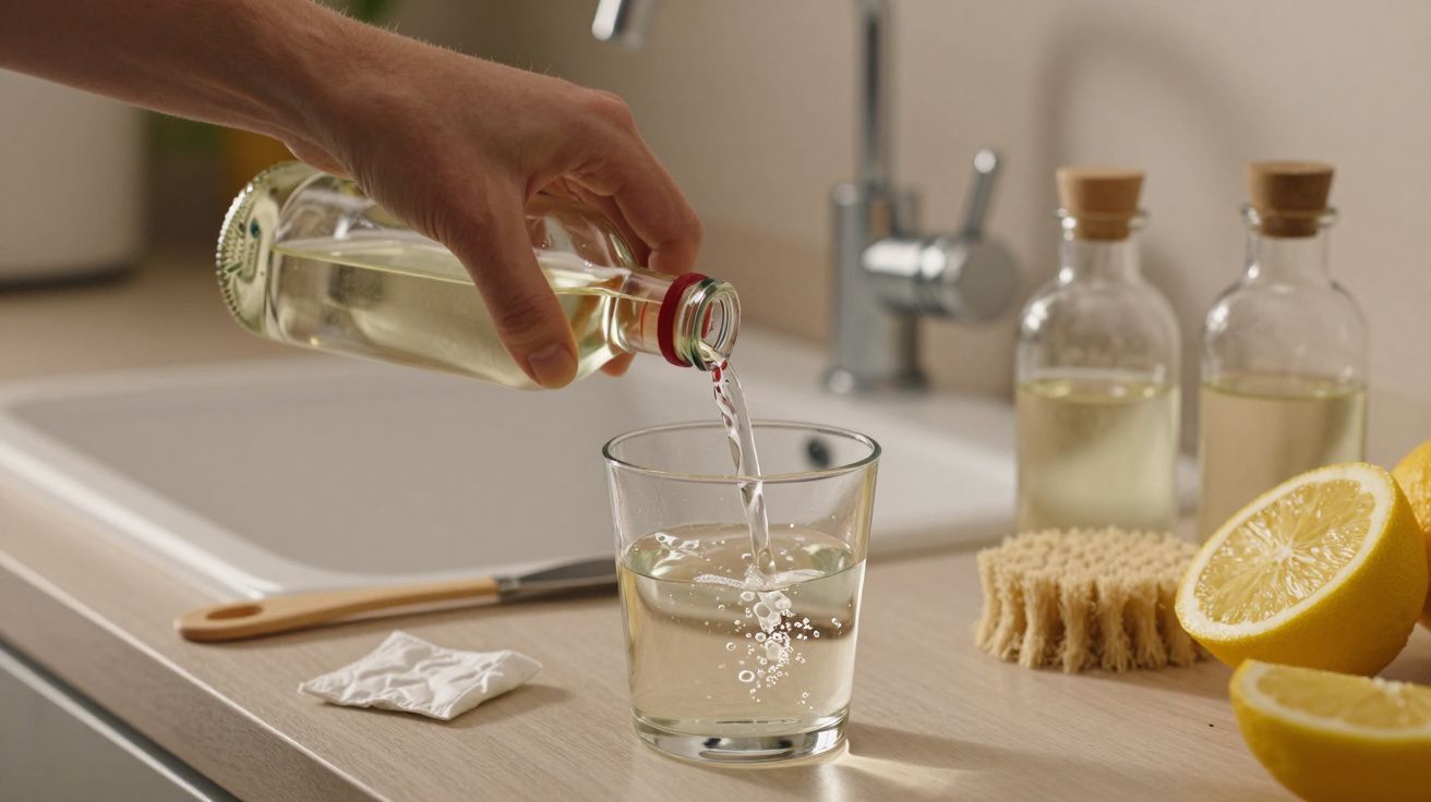 Mão a verter líquido de garrafa para copo na bancada da cozinha, com limões e frascos ao fundo.