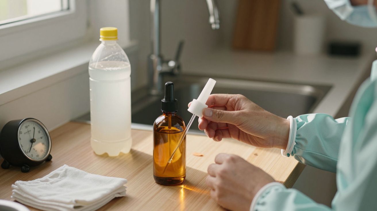 Pessoa segurando conta-gotas junto a frasco âmbar, na cozinha, com garrafa plástica e cronómetro ao lado.